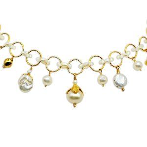 Gold 14K Necklace Pearl Charm Bead Collar Signed Miguel Ases Gold Filled 16"